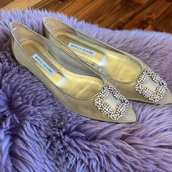 Manolo blahnik Hangisi Chrystal Buckle Gold Mesh Flats, 50th anniversary, NEW - Picture 1 of 17